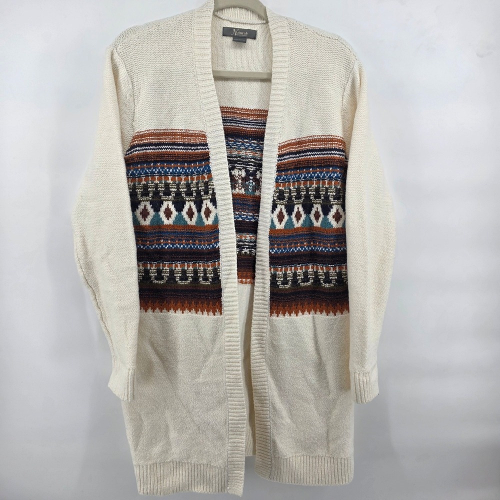 Small Cream Fair Isle Pattern Long Cardigan Sweater western aztec Natural Ref.